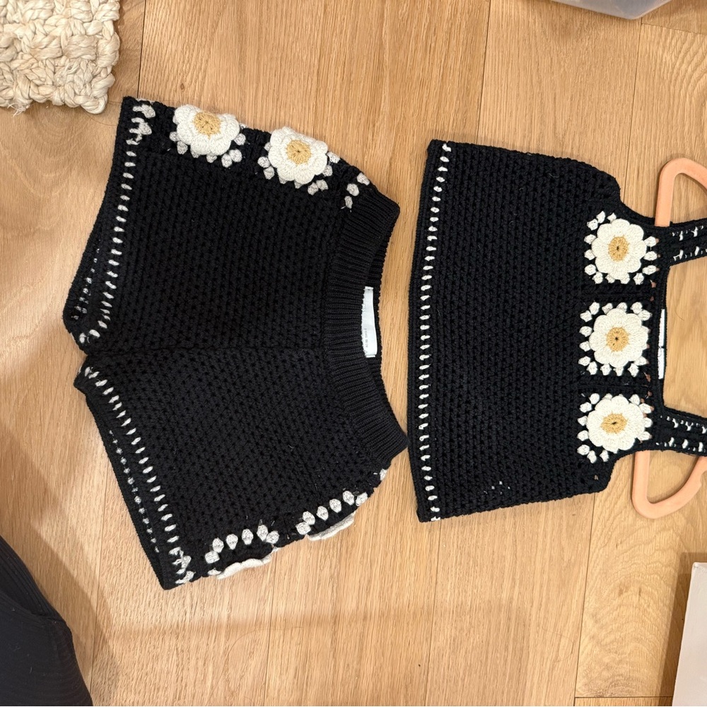 Zara Black Crochet Top & Shorts Set with White Daisy Stitching
